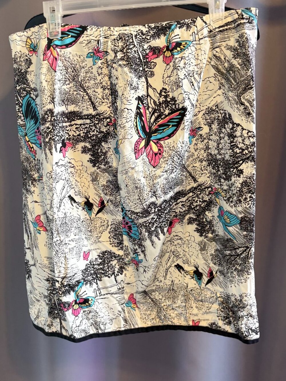 City Silk Stretch Toile Landscape Butterfly Print Pencil Mini Skirt Size 14